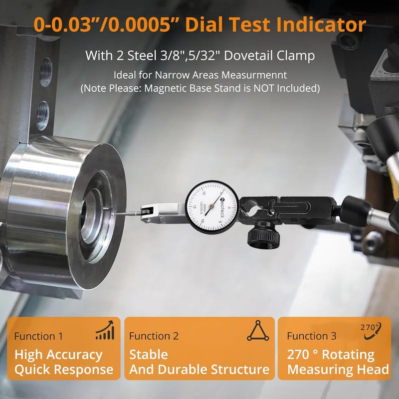 Neoteck Dial Test Indicator with Storage Case, 0-0.03"/0.0005" Test Indicator with 2 Steel Dovetail Clamps 3/8'' and 5/32'' for Machine Set-Up, Narrow Area Measurement - Image 2